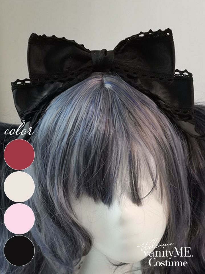 ビッグリボン×レースヘッドドレス ヘアアクセサリー ブラック・ホワイト・ピンク・レッド vcsit-25060