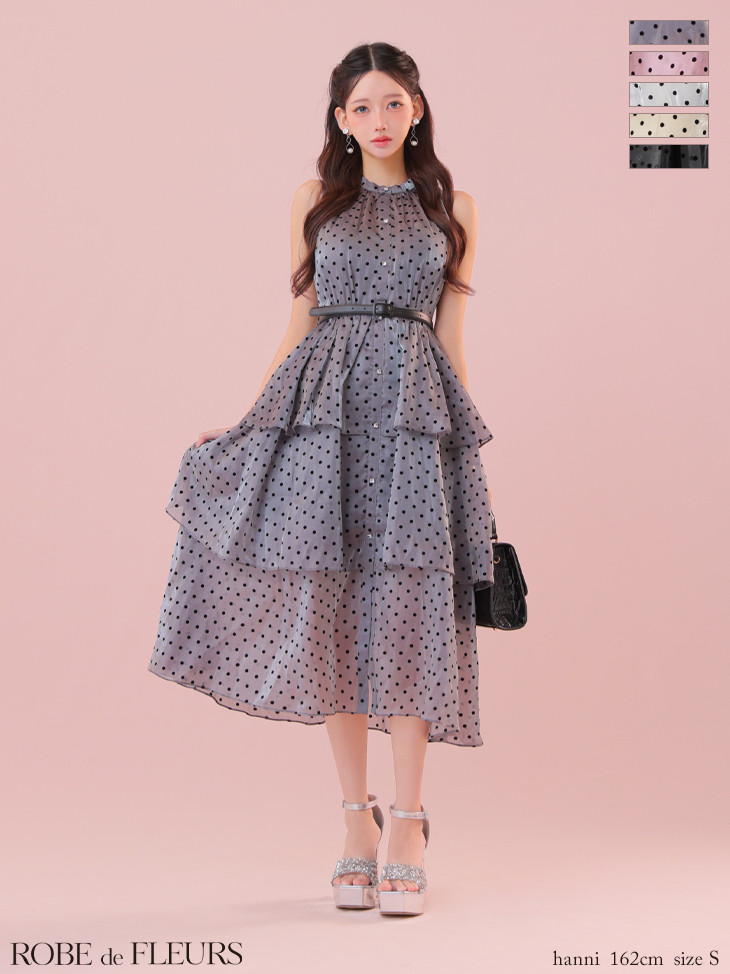 ROBE de FLEURS ローブドフルール ベルト付きドットオーガンジーティアードロングキャバドレス fm3281