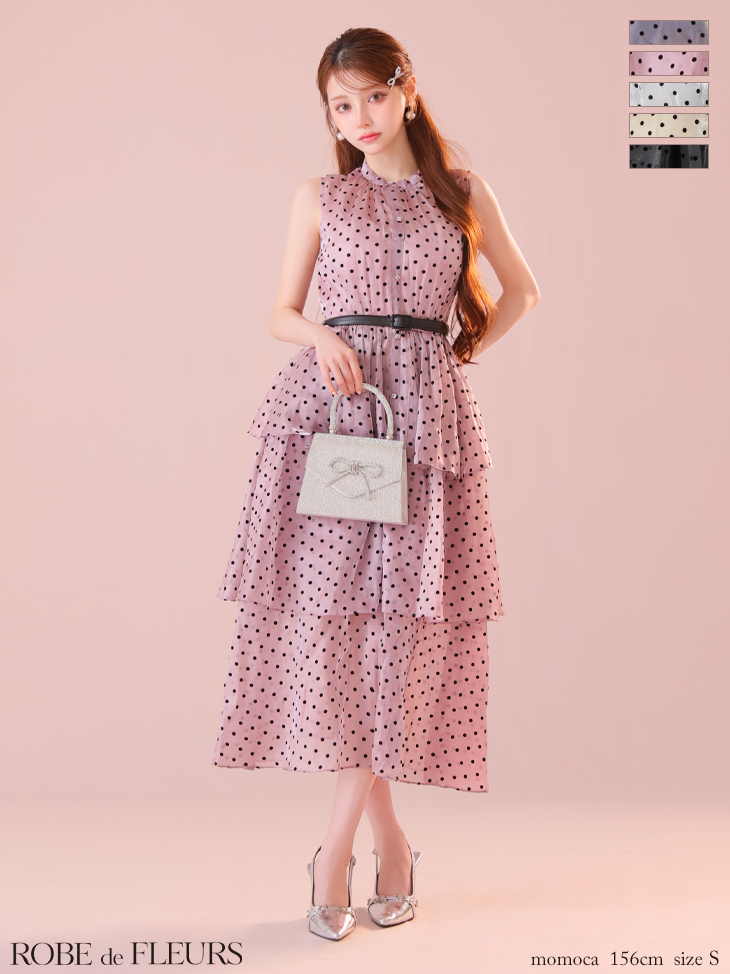 ROBE de FLEURS ローブドフルール ベルト付きドットオーガンジーティアードロングキャバドレス fm3281