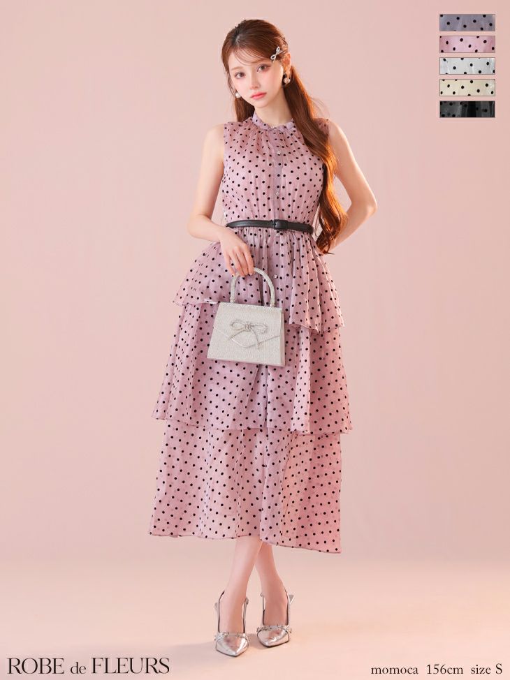 ROBE de FLEURS ローブドフルール ベルト付きドットオーガンジーティアードロングキャバドレス fm3281