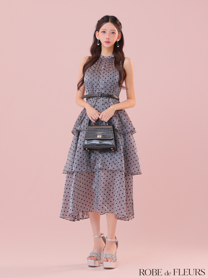 ROBE de FLEURS ローブドフルール ベルト付きドットオーガンジーティアードロングキャバドレス fm3281