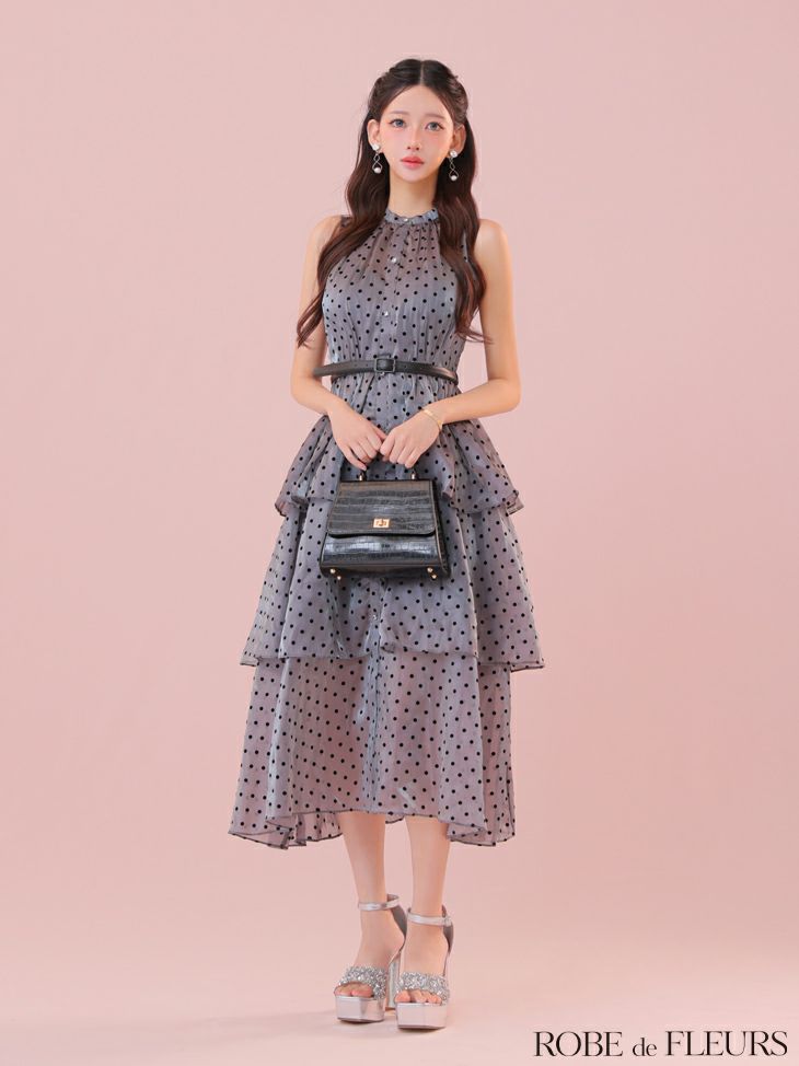 ROBE de FLEURS ローブドフルール ベルト付きドットオーガンジーティアードロングキャバドレス fm3281