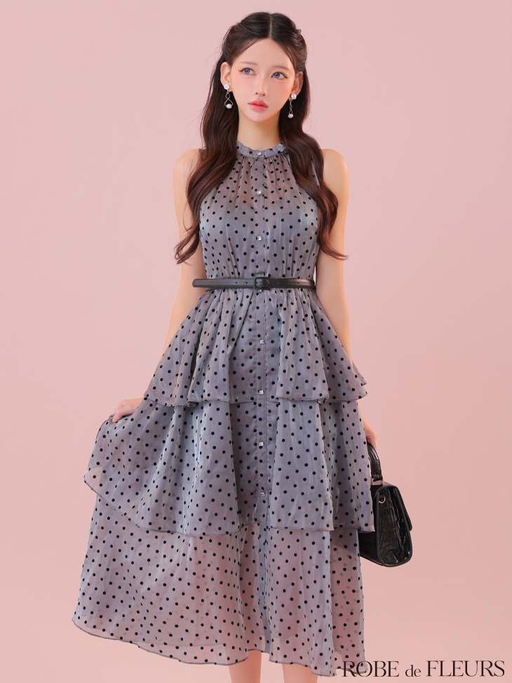 ROBE de FLEURS ローブドフルール ベルト付きドットオーガンジーティアードロングキャバドレス fm3281