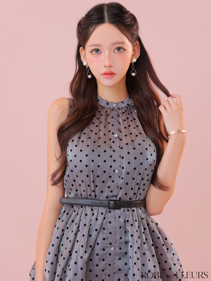 ROBE de FLEURS ローブドフルール ベルト付きドットオーガンジーティアードロングキャバドレス fm3281