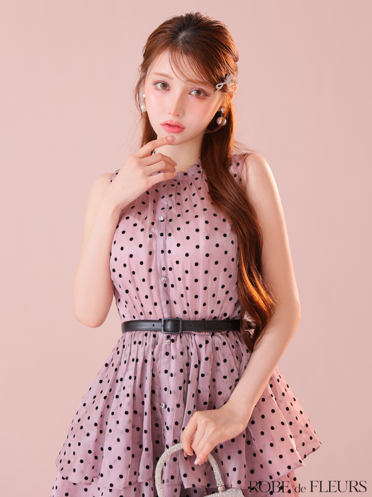 ROBE de FLEURS ローブドフルール ベルト付きドットオーガンジーティアードロングキャバドレス fm3281