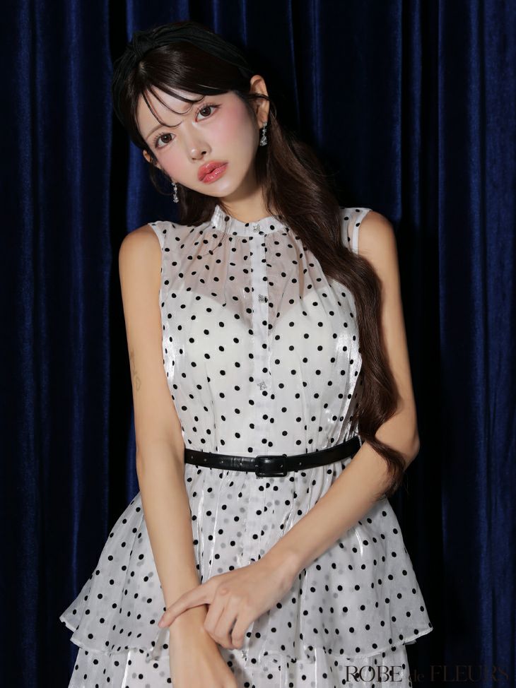 ROBE de FLEURS ローブドフルール ベルト付きドットオーガンジーティアードロングキャバドレス fm3281