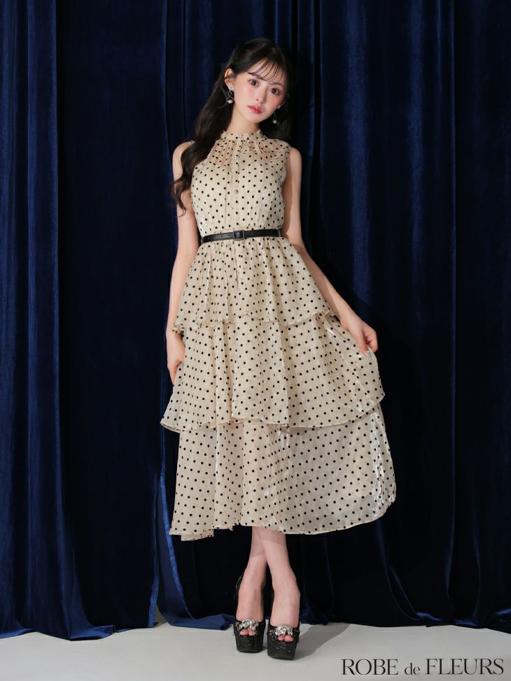 ROBE de FLEURS ローブドフルール ベルト付きドットオーガンジーティアードロングキャバドレス fm3281