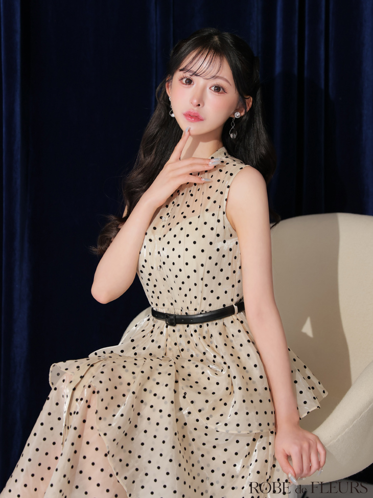 ROBE de FLEURS ローブドフルール ベルト付きドットオーガンジーティアードロングキャバドレス fm3281