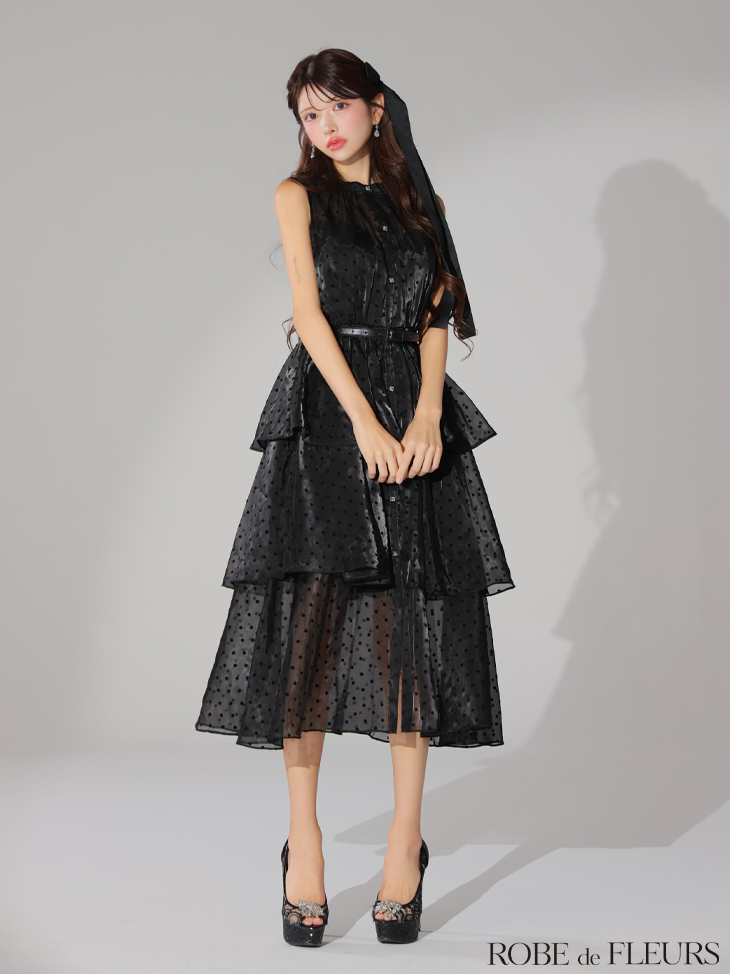 ROBE de FLEURS ローブドフルール ベルト付きドットオーガンジーティアードロングキャバドレス fm3281