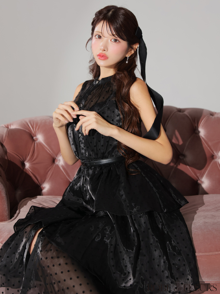 ROBE de FLEURS ローブドフルール ベルト付きドットオーガンジーティアードロングキャバドレス fm3281