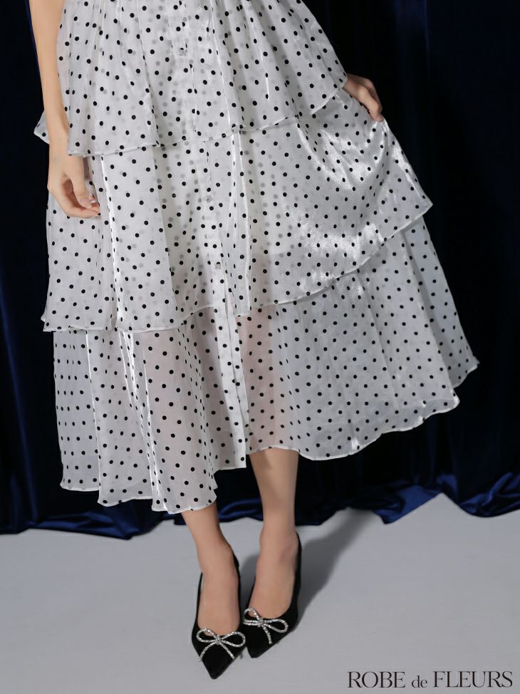 ROBE de FLEURS ローブドフルール ベルト付きドットオーガンジーティアードロングキャバドレス fm3281