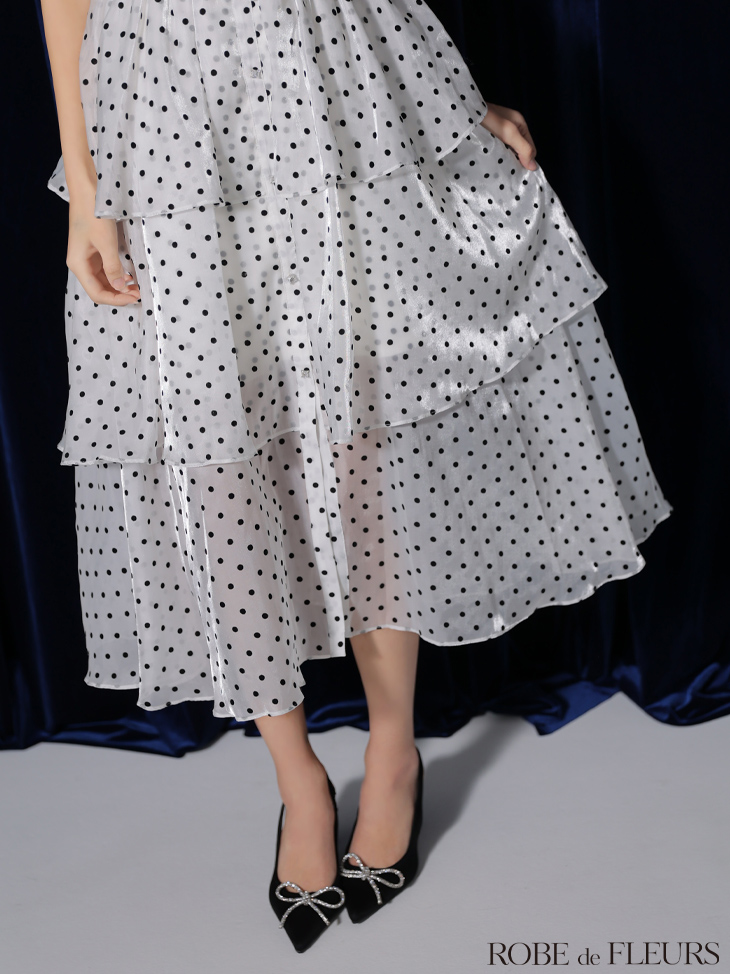 ROBE de FLEURS ローブドフルール ベルト付きドットオーガンジーティアードロングキャバドレス fm3281