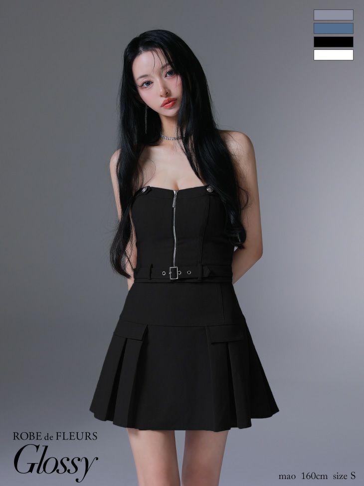 Glossy ローブドフルールグロッシー センタージップベルトセットアッププリーツミニキャバドレス gl3943