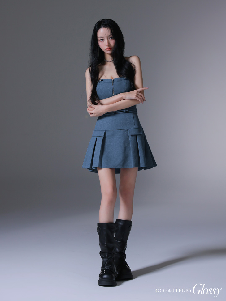 Glossy ローブドフルールグロッシー センタージップベルトセットアッププリーツミニキャバドレス gl3943