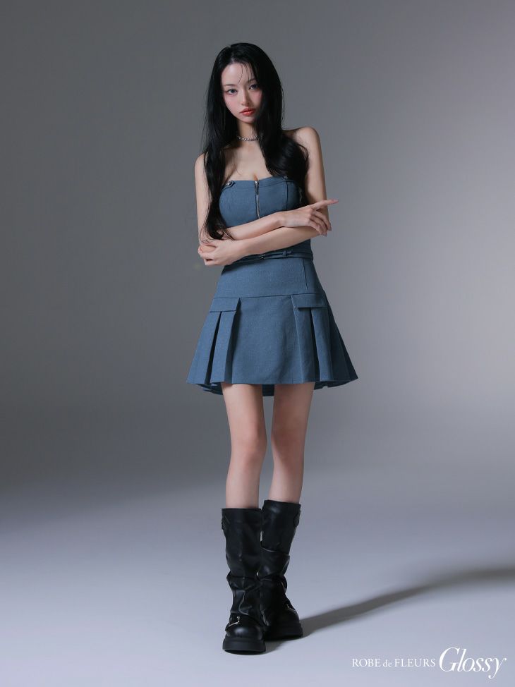 Glossy ローブドフルールグロッシー センタージップベルトセットアッププリーツミニキャバドレス gl3943