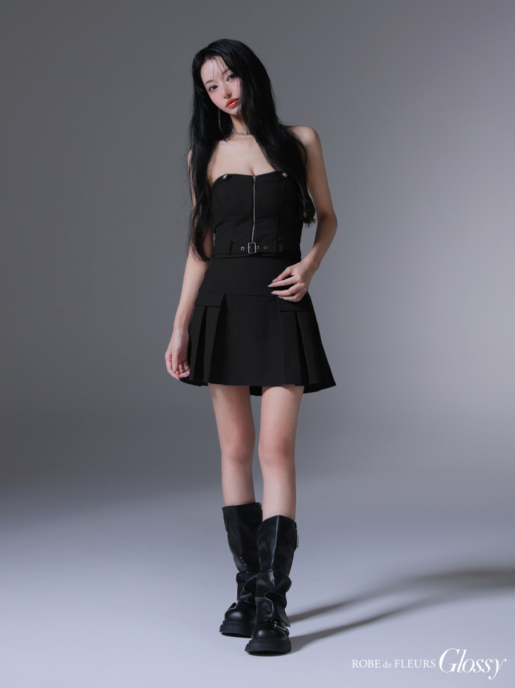 Glossy ローブドフルールグロッシー センタージップベルトセットアッププリーツミニキャバドレス gl3943