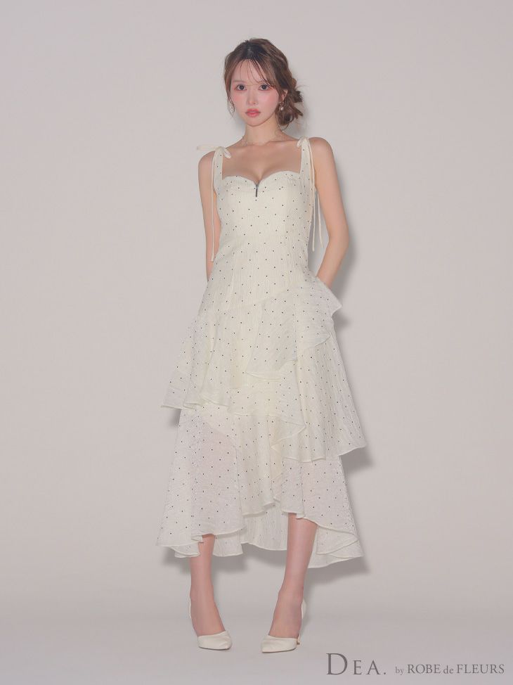 DEA. ディア バイ ローブドフルール ドットフリルティアードフレアロングキャバドレス de4304