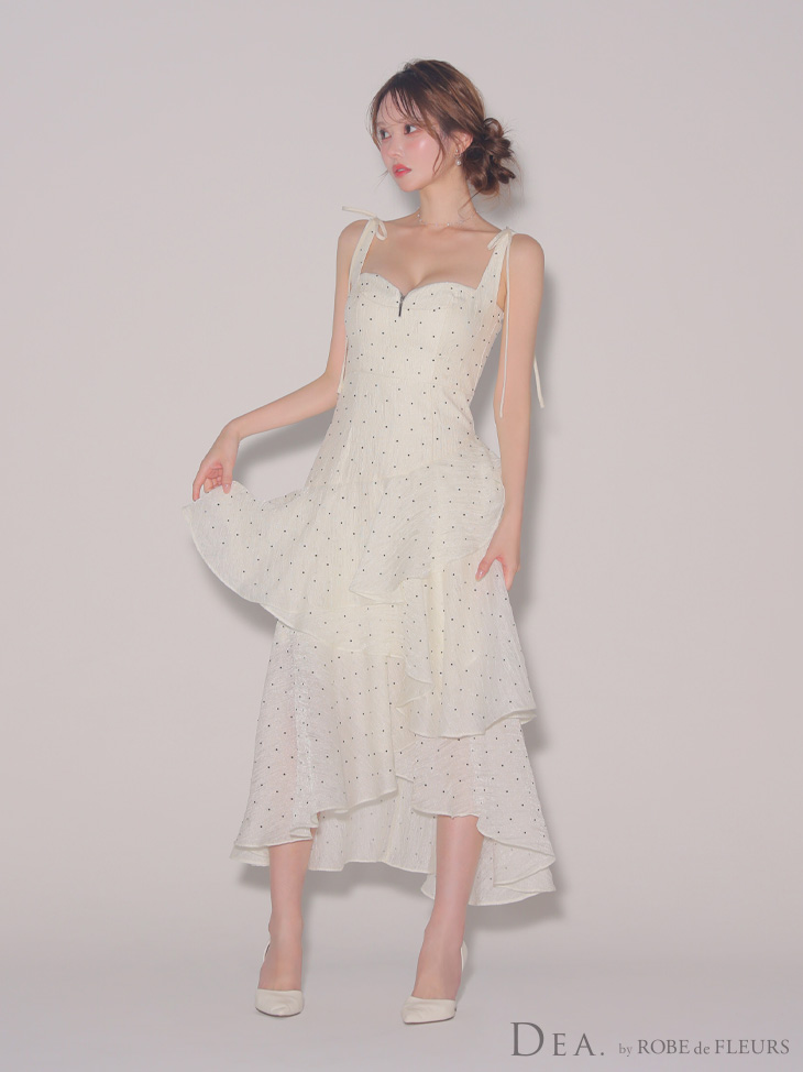 DEA. ディア バイ ローブドフルール ドットフリルティアードフレアロングキャバドレス de4304
