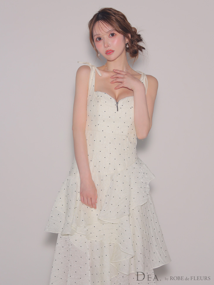 DEA. ディア バイ ローブドフルール ドットフリルティアードフレアロングキャバドレス de4304