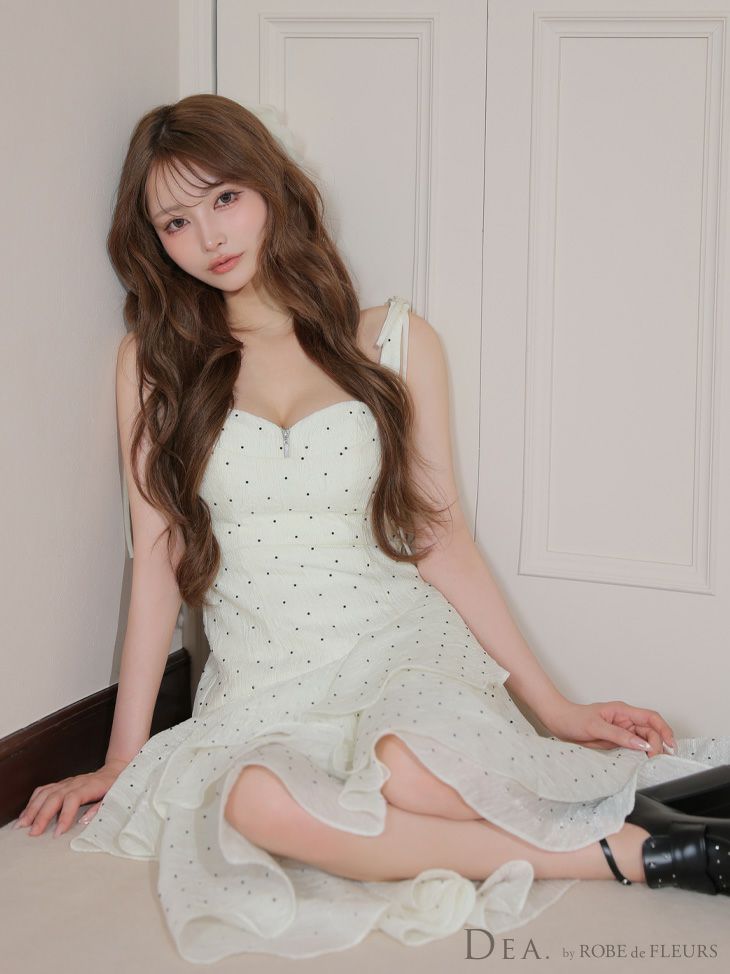 DEA. ディア バイ ローブドフルール ドットフリルティアードフレアロングキャバドレス de4304