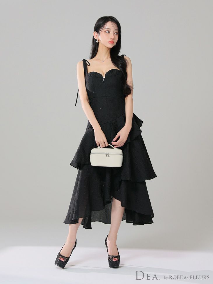 DEA. ディア バイ ローブドフルール ドットフリルティアードフレアロングキャバドレス de4304