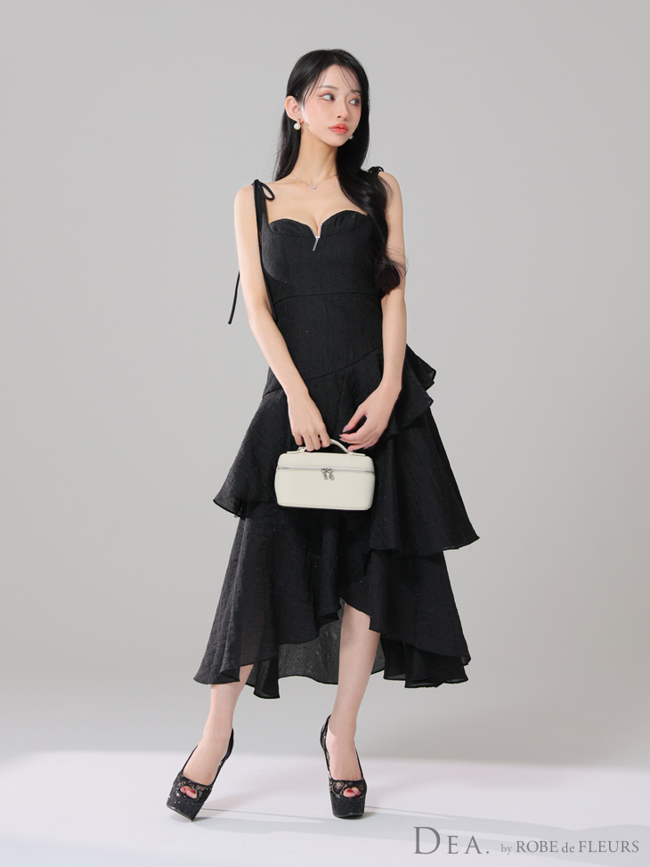 DEA. ディア バイ ローブドフルール ドットフリルティアードフレアロングキャバドレス de4304