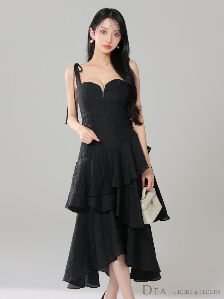 DEA. ディア バイ ローブドフルール ドットフリルティアードフレアロングキャバドレス de4304