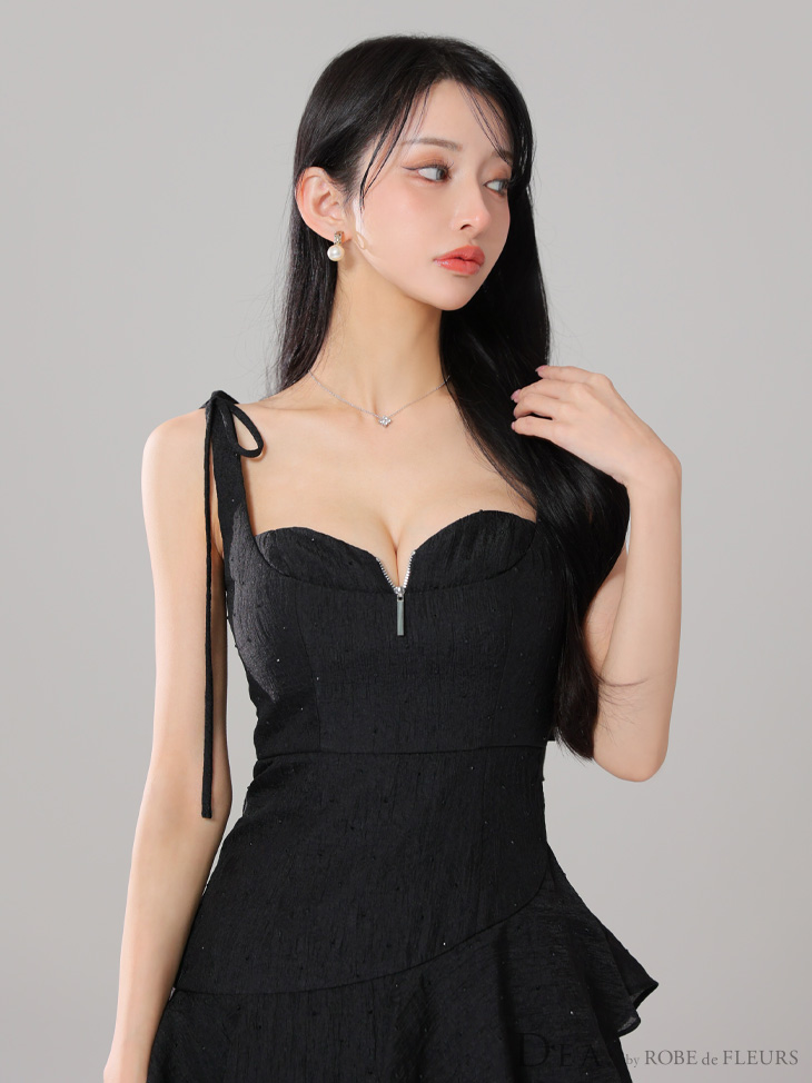 DEA. ディア バイ ローブドフルール ドットフリルティアードフレアロングキャバドレス de4304