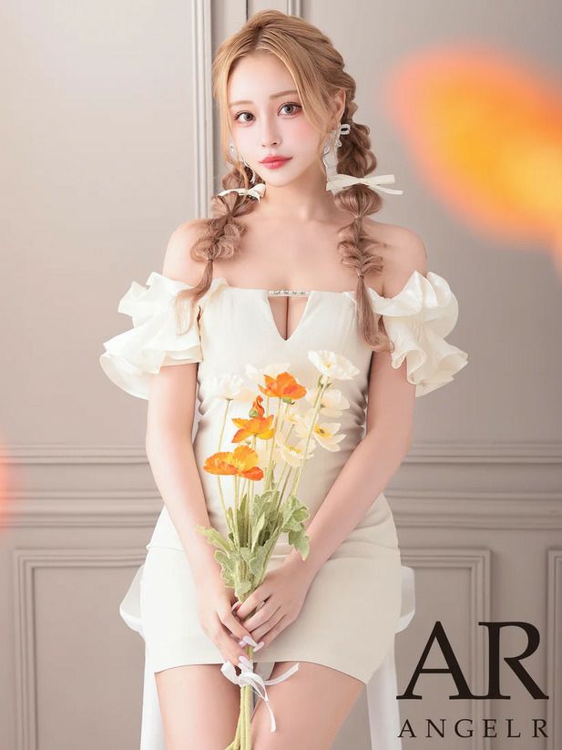 AngelR エンジェルアール オフショルダーフリルスリーブバストチャームビジューマイクロミニドレス ar25843