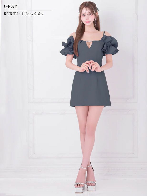 AngelR エンジェルアール オフショルダーフリルスリーブバストチャームビジューマイクロミニドレス ar25843
