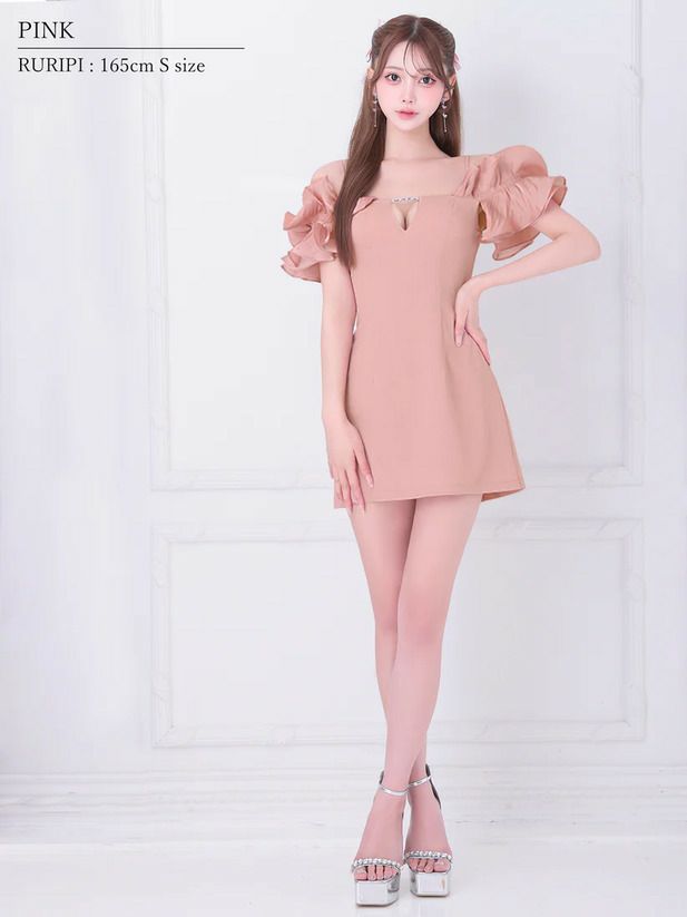 AngelR エンジェルアール オフショルダーフリルスリーブバストチャームビジューマイクロミニドレス ar25843