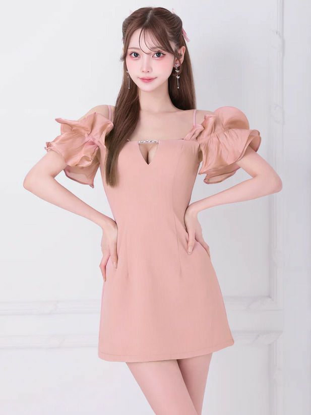 AngelR エンジェルアール オフショルダーフリルスリーブバストチャームビジューマイクロミニドレス ar25843