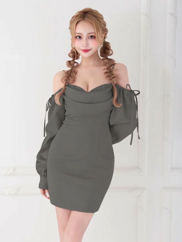 AngelR エンジェルアール バストドレープリボン2wayロングスリーブシンプルタイトマイクロミニドレス ar25847