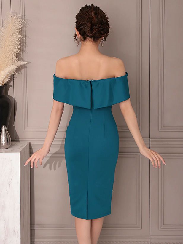 Veautt ヴュート オフショルダーフラワーレースビジューシアータイトミディアムドレス ティールブルー vt022520-ks