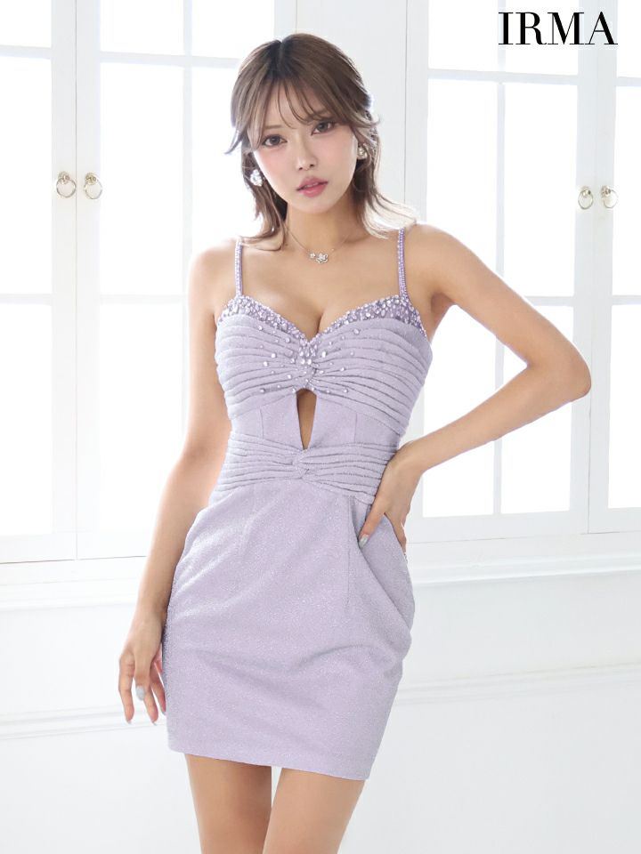 IRMA イルマ ラメニット/バストリボンデザイン/パールビジュー/カットアウト/タイト ミニドレス ir51869-c