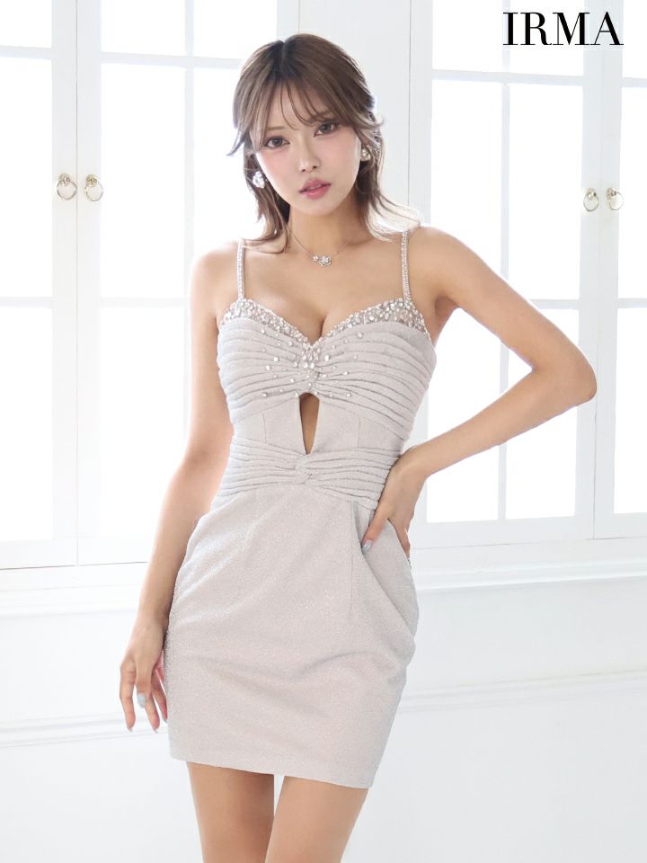 IRMA イルマ ラメニット/バストリボンデザイン/パールビジュー/カットアウト/タイト ミニドレス ir51869-c