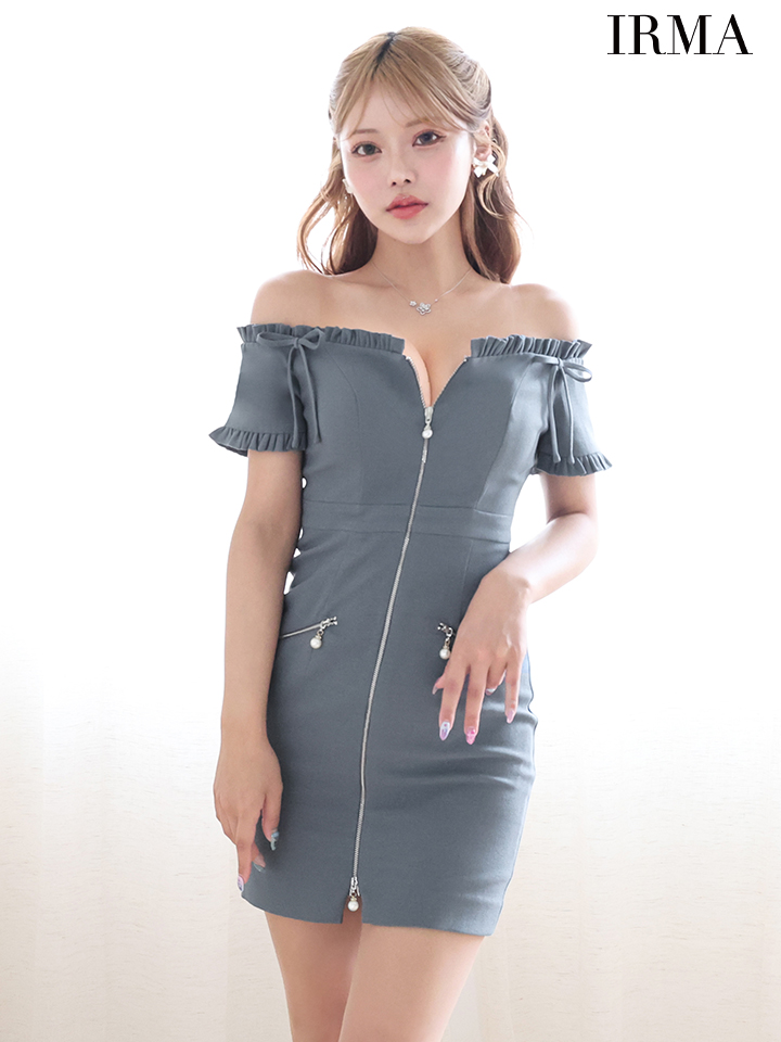IRMA イルマ ワンカラー/オフショル/フリル/リボン/フロントジップ/パールチャーム/タイト ミニドレス ir55087-c