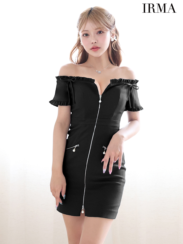 IRMA イルマ ワンカラー/オフショル/フリル/リボン/フロントジップ/パールチャーム/タイト ミニドレス ir55087-c