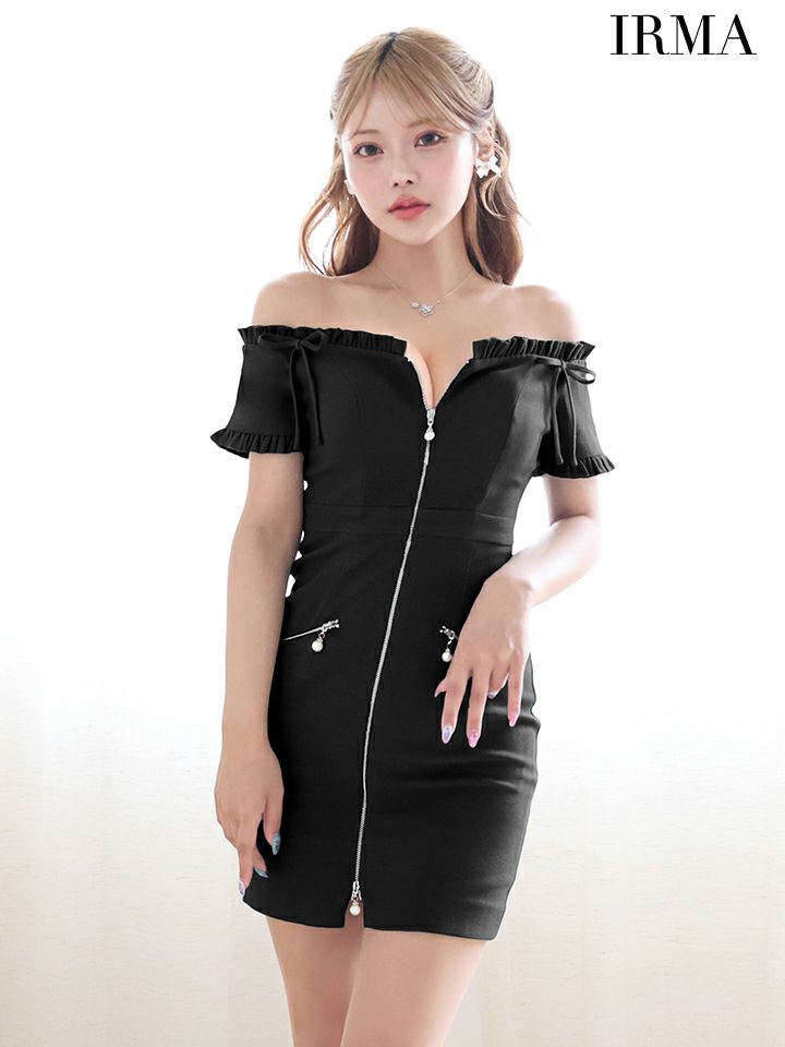 IRMA イルマ ワンカラー/オフショル/フリル/リボン/フロントジップ/パールチャーム/タイト ミニドレス ir55087-c
