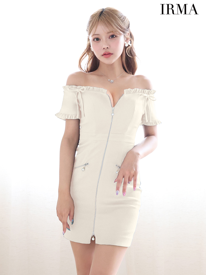 IRMA イルマ ワンカラー/オフショル/フリル/リボン/フロントジップ/パールチャーム/タイト ミニドレス ir55087-c
