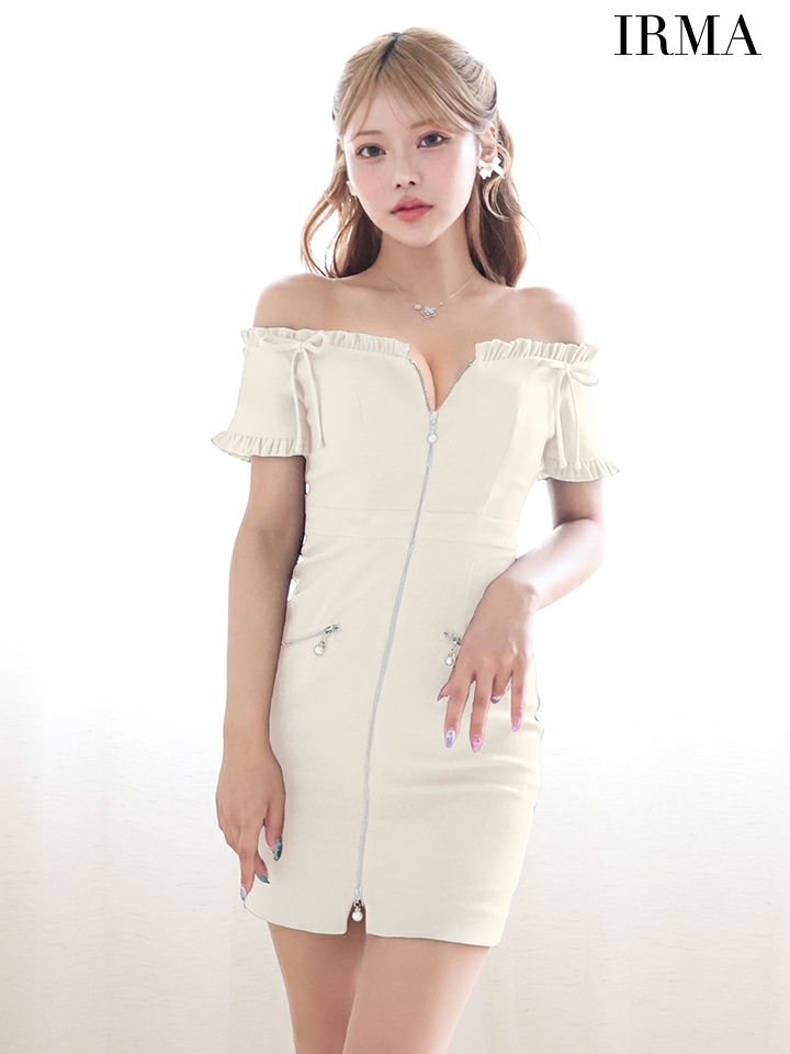 IRMA イルマ ワンカラー/オフショル/フリル/リボン/フロントジップ/パールチャーム/タイト ミニドレス ir55087-c