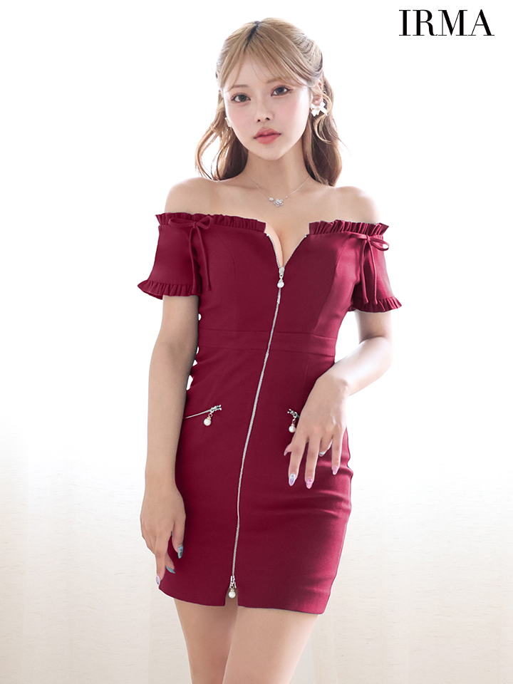 IRMA イルマ ワンカラー/オフショル/フリル/リボン/フロントジップ/パールチャーム/タイト ミニドレス ir55087-c