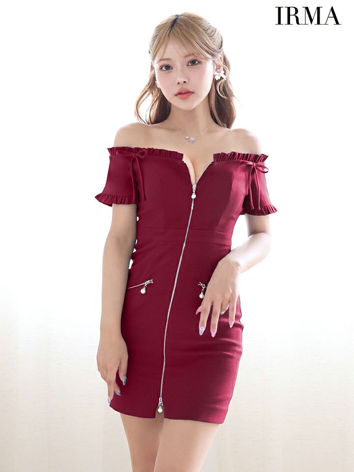 IRMA イルマ ワンカラー/オフショル/フリル/リボン/フロントジップ/パールチャーム/タイト ミニドレス ir55087-c