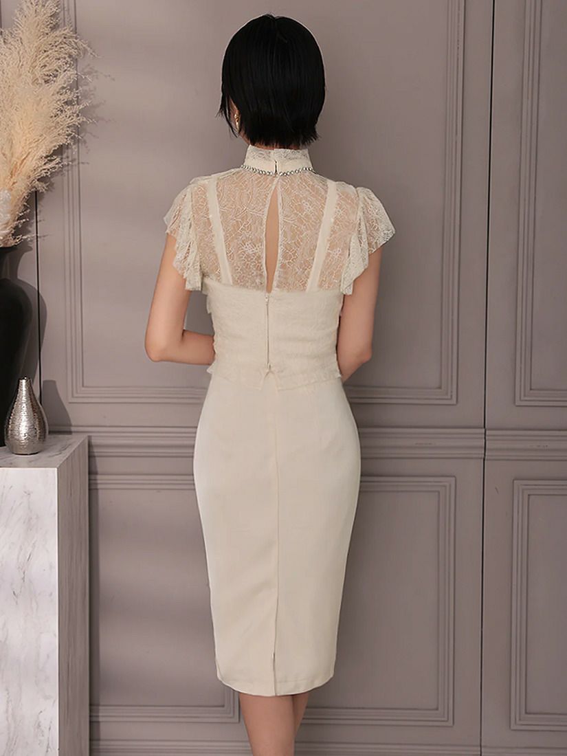 Veautt ヴュート フロントレースフリルビジューハイネックタイトミディアムドレス vt082520-ks