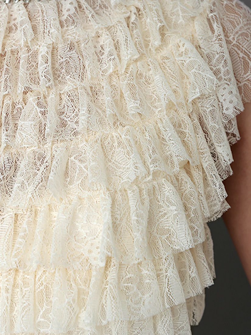 Veautt ヴュート フロントレースフリルビジューハイネックタイトミディアムドレス vt082520-ks