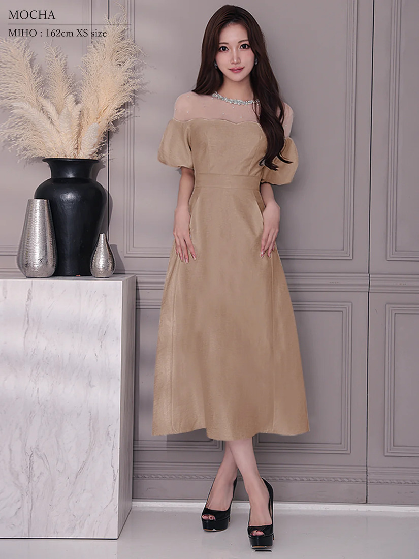 Veautt ヴュート パフスリーブレースビジューAラインフレアミディアムドレス vt082522