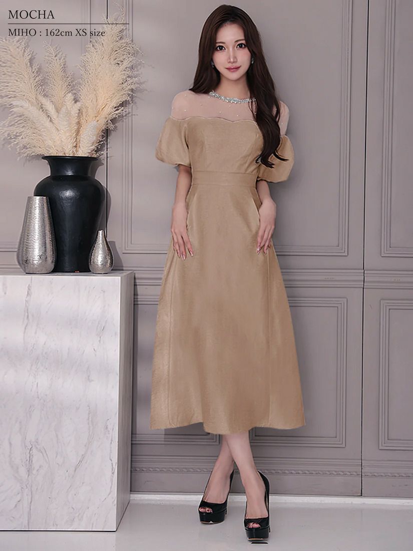 Veautt ヴュート パフスリーブレースビジューAラインフレアミディアムドレス vt082522