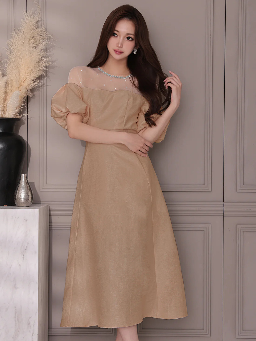 Veautt ヴュート パフスリーブレースビジューAラインフレアミディアムドレス vt082522