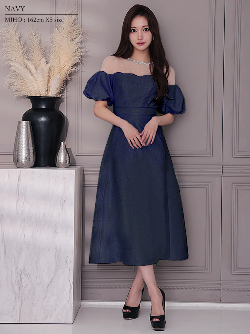 Veautt ヴュート パフスリーブレースビジューAラインフレアミディアムドレス vt082522