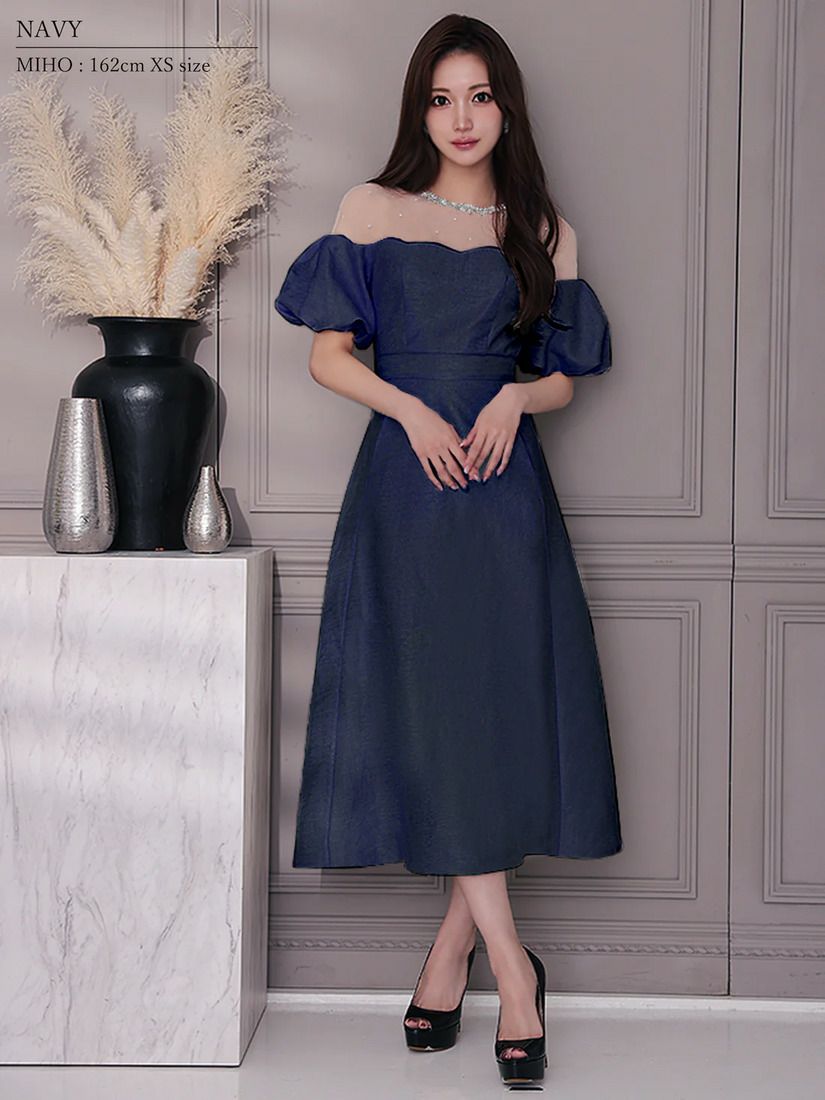 Veautt ヴュート パフスリーブレースビジューAラインフレアミディアムドレス vt082522